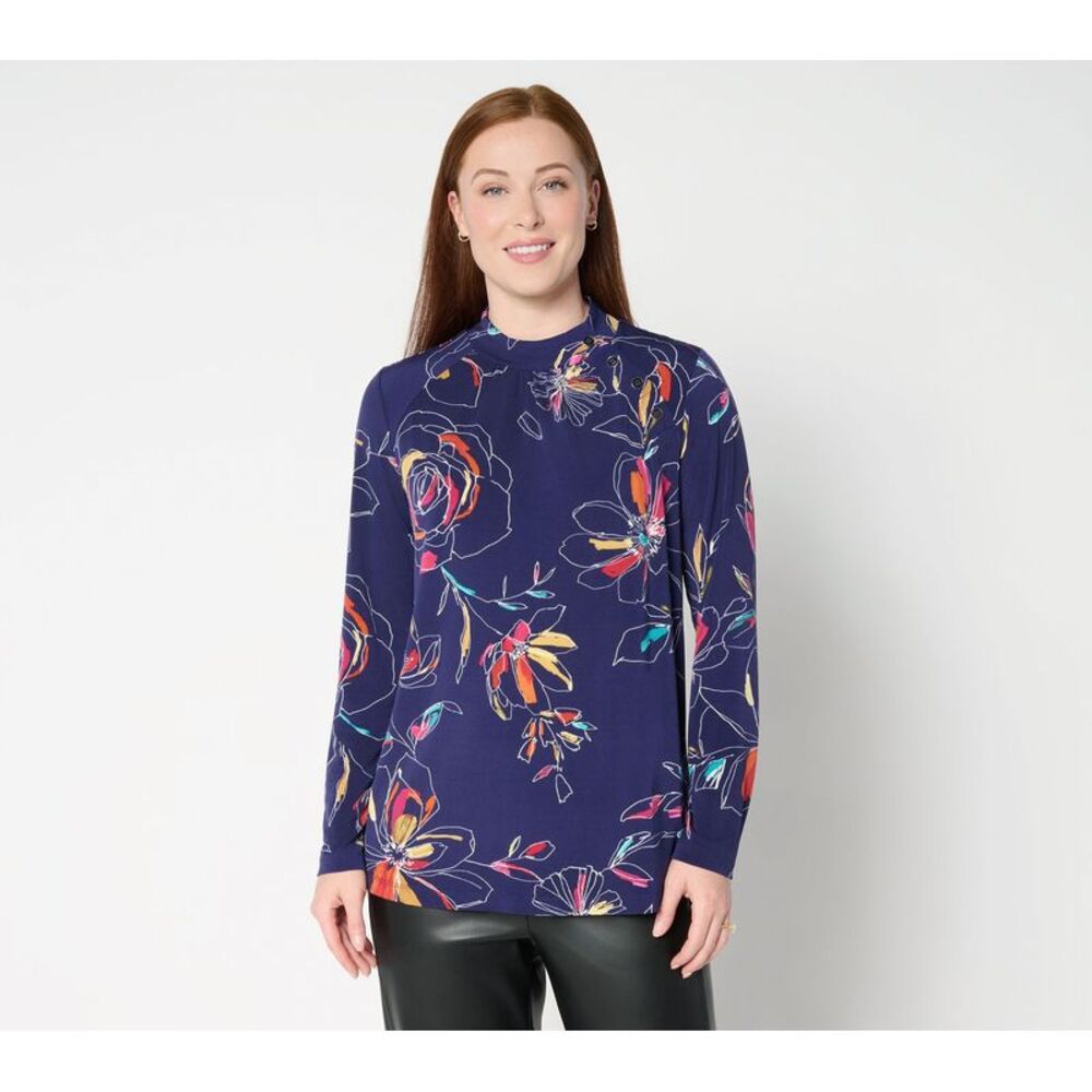 Susan Graver Women's Top Sz M Printed Liquid Knit Long Slv Multi-colored